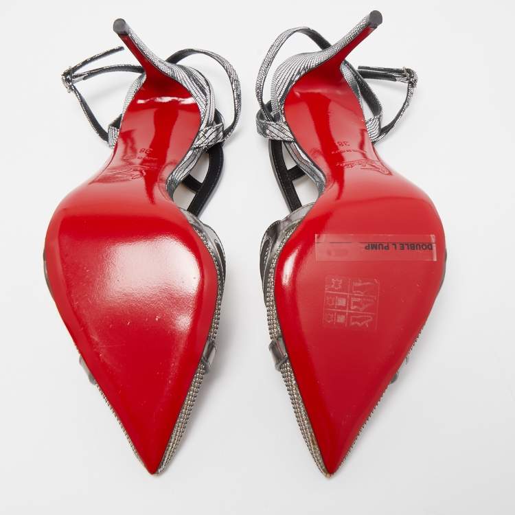 Pre Owned Christian Louboutin Metallic Grey Leather and Mesh Double L Ankle Strap Pumps Size 38