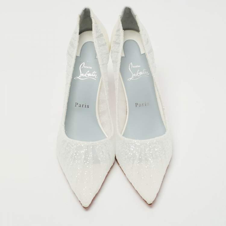 Pre Owned Christian Louboutin White Satin and Tule Fabric Kate Draperia Pumps Size 41
