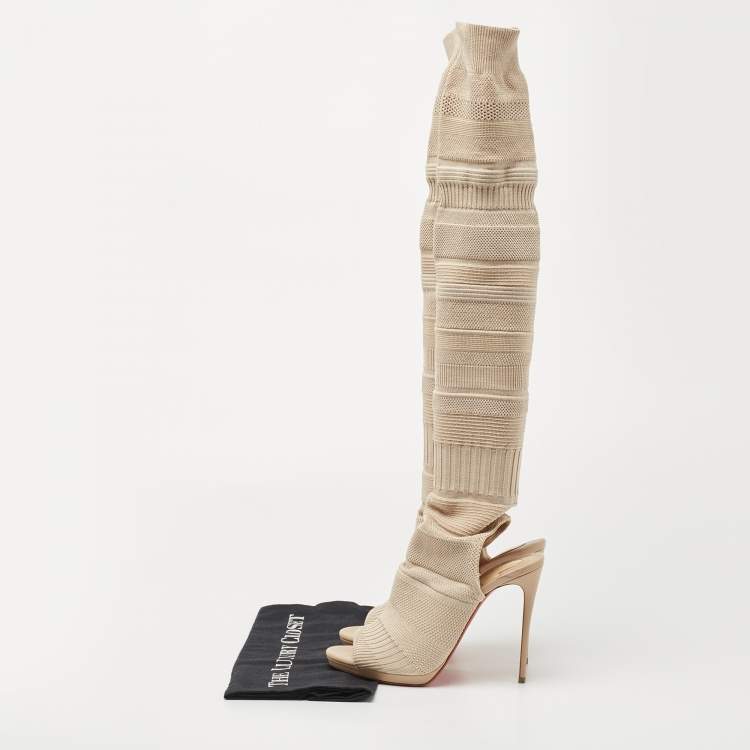 Pre Owned Christian Louboutin Beige Knit Fabric Cheminetta Boots Size 38.5