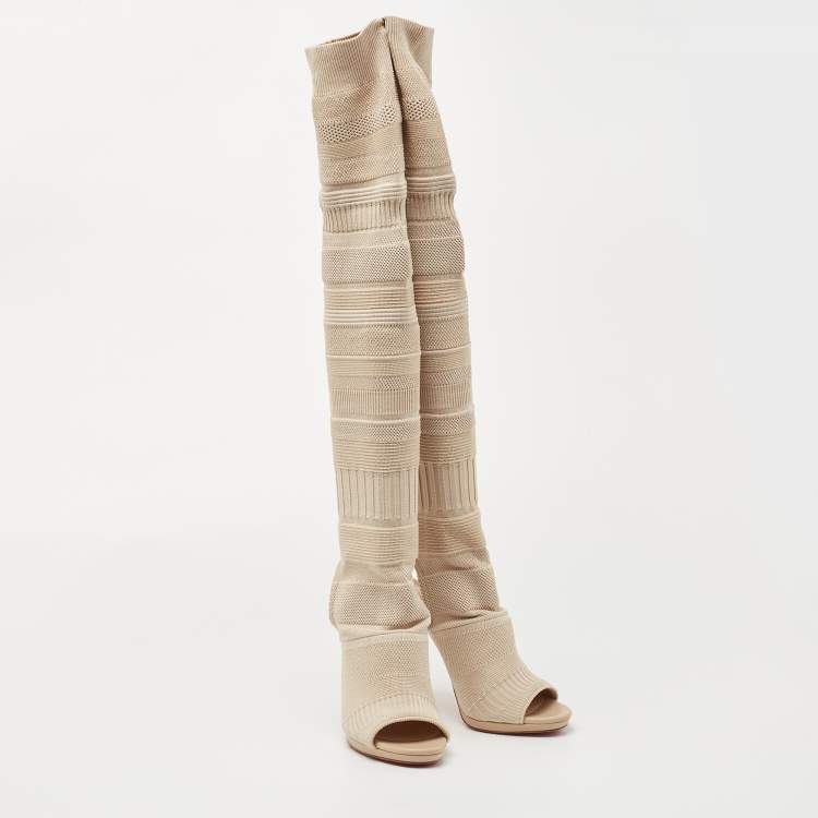 Pre Owned Christian Louboutin Beige Knit Fabric Cheminetta Boots Size 38.5