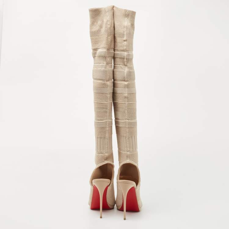 Pre Owned Christian Louboutin Beige Knit Fabric Cheminetta Boots Size 38.5