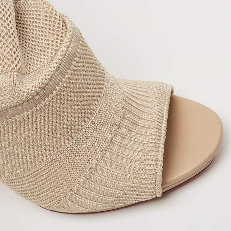 Pre Owned Christian Louboutin Beige Knit Fabric Cheminetta Boots Size 38.5