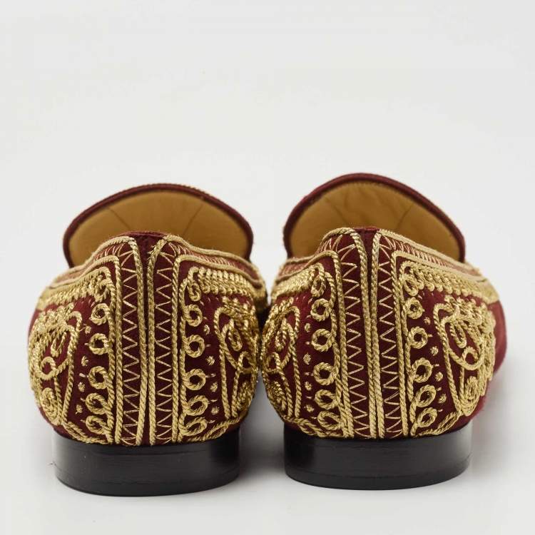 Pre Owned Christian Louboutin Burgundy Embroidered Suede Mamounia Smoking Slippers Size 40.5