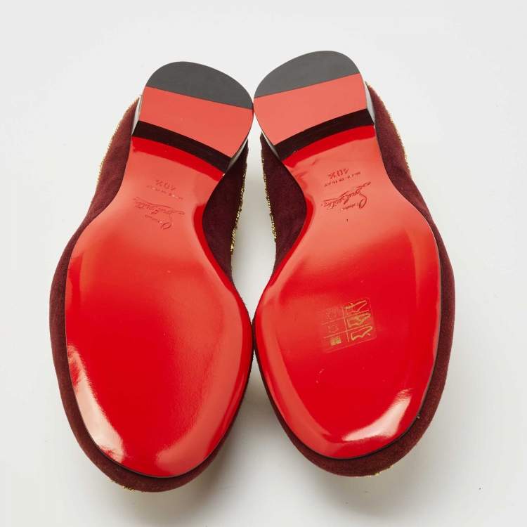 Pre Owned Christian Louboutin Burgundy Embroidered Suede Mamounia Smoking Slippers Size 40.5