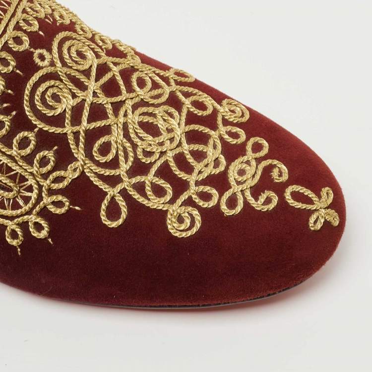 Pre Owned Christian Louboutin Burgundy Embroidered Suede Mamounia Smoking Slippers Size 40.5