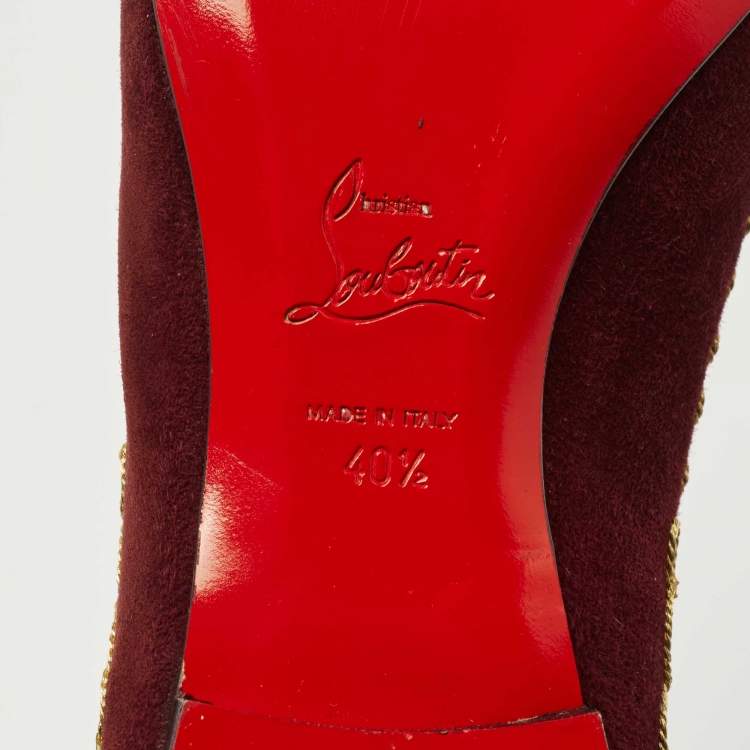 Pre Owned Christian Louboutin Burgundy Embroidered Suede Mamounia Smoking Slippers Size 40.5