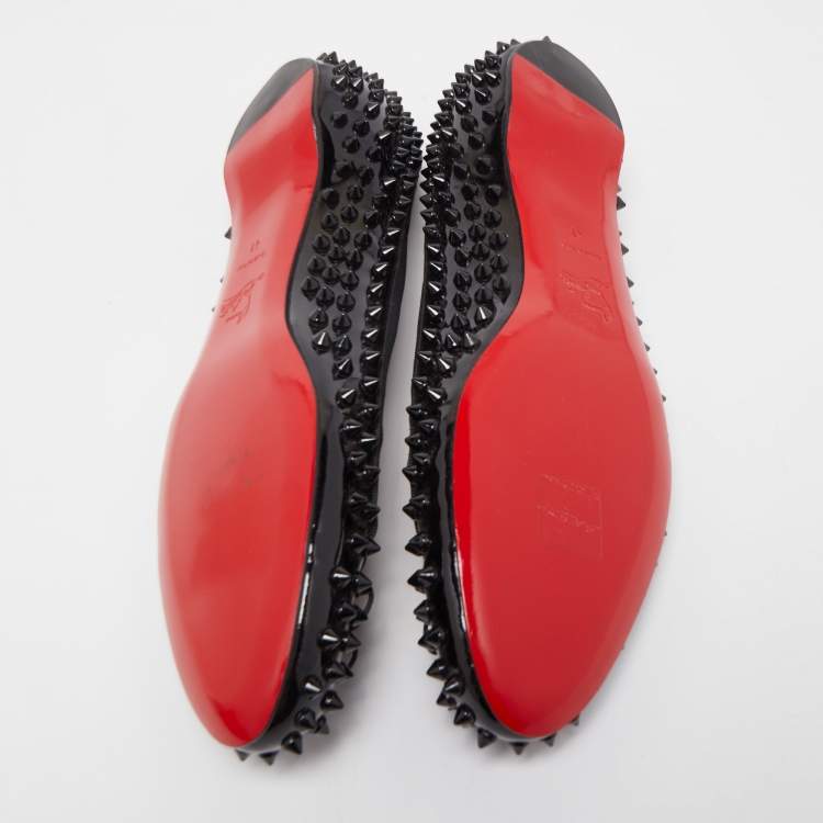 Pre Owned Christian Louboutin Black Patent Leather Spiked Big Kiss Ballet Flats Size 41