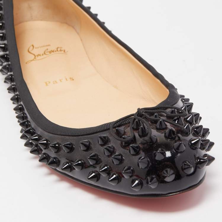 Pre Owned Christian Louboutin Black Patent Leather Spiked Big Kiss Ballet Flats Size 41
