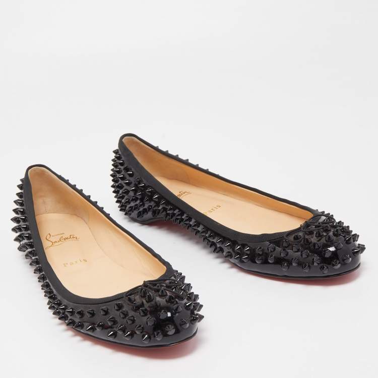 Pre Owned Christian Louboutin Black Patent Leather Spiked Big Kiss Ballet Flats Size 41
