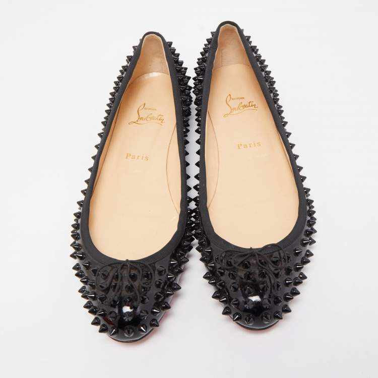 Pre Owned Christian Louboutin Black Patent Leather Spiked Big Kiss Ballet Flats Size 41