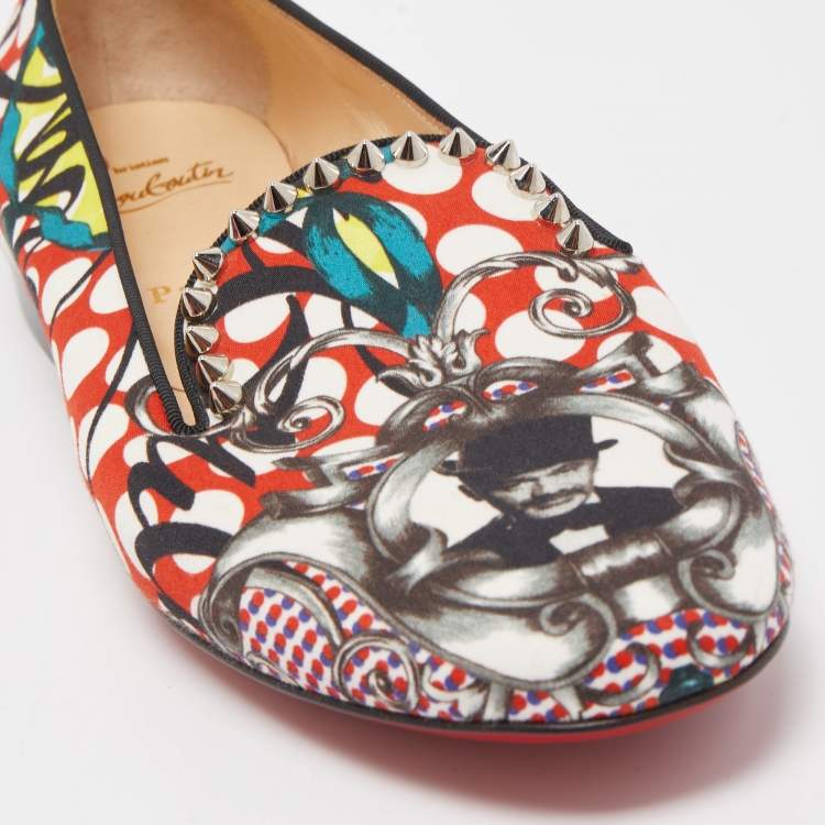 مملوكة مسبقًا Christian Louboutin Multicolor Printed Fabric Sakouette Spiked Smoking Slippers Size 40