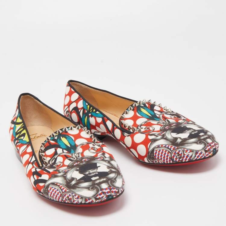 مملوكة مسبقًا Christian Louboutin Multicolor Printed Fabric Sakouette Spiked Smoking Slippers Size 40