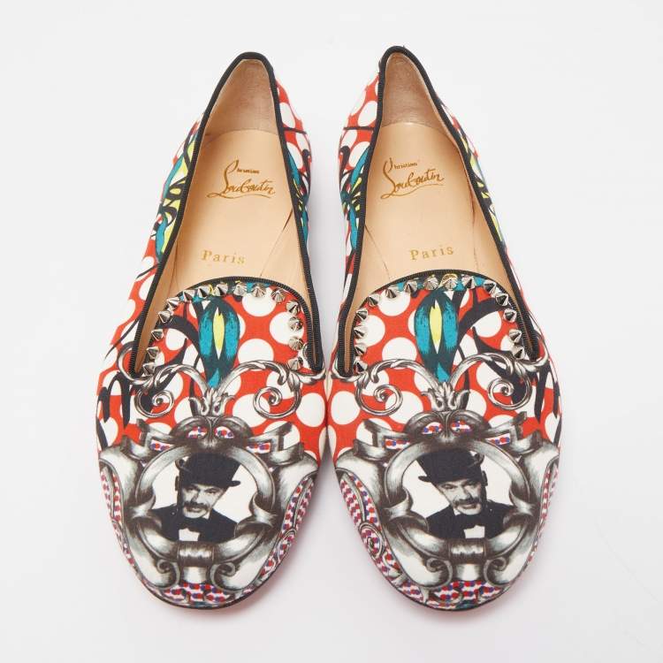 مملوكة مسبقًا Christian Louboutin Multicolor Printed Fabric Sakouette Spiked Smoking Slippers Size 40
