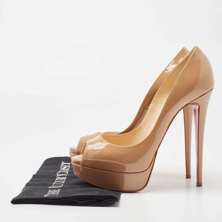 Pre Owned Christian Louboutin Beige Patent Leather Lady Peep Pumps Size 40