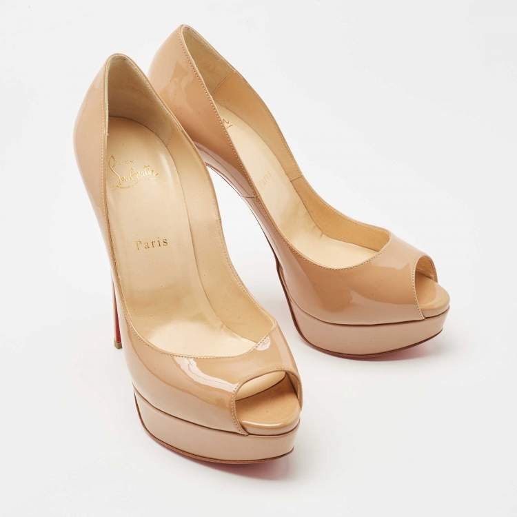 Pre Owned Christian Louboutin Beige Patent Leather Lady Peep Pumps Size 40