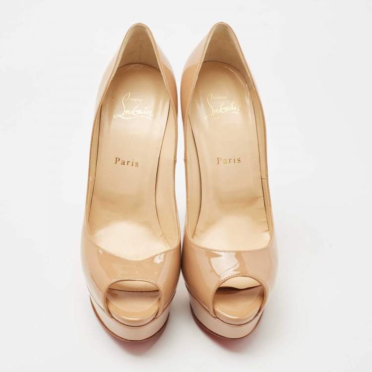Pre Owned Christian Louboutin Beige Patent Leather Lady Peep Pumps Size 40