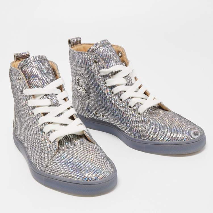 Pre Owned Christian Louboutin Silver Glitter Disco Ball Rantus Orlato High Top Sneakers Size 37