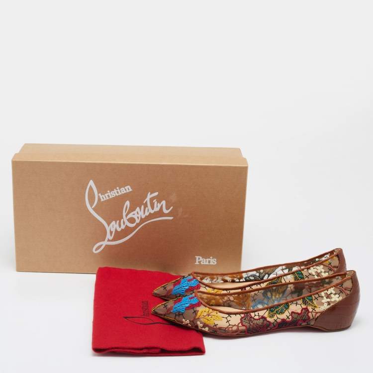 Pre Owned Christian Louboutin Multicolor Embroidered Mesh and Croc Embossed Leather Follies Ballet Flats Size 38