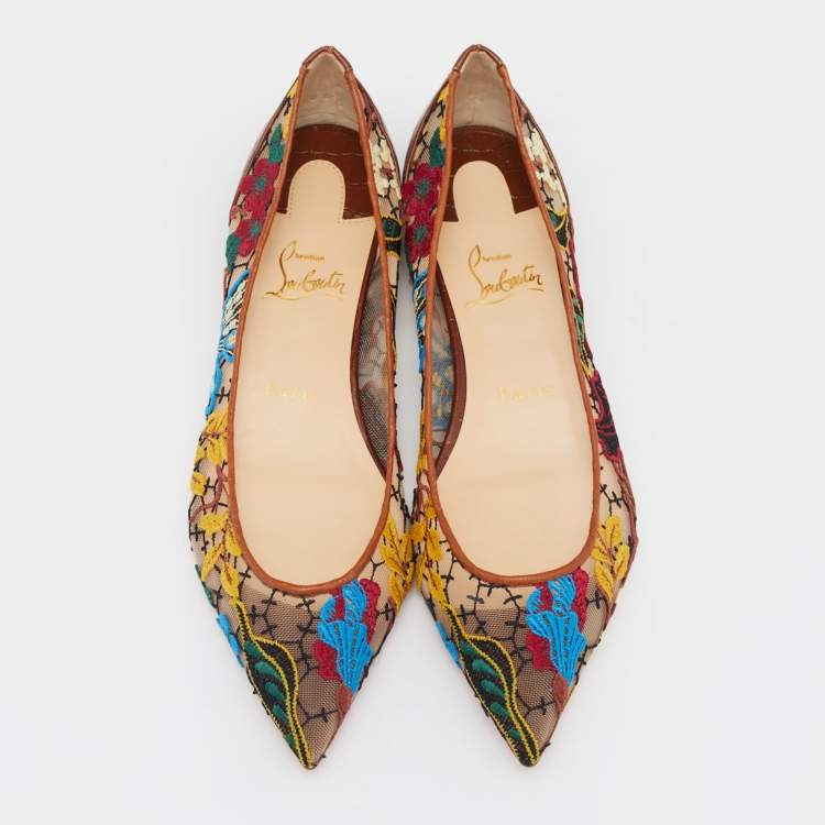 Pre Owned Christian Louboutin Multicolor Embroidered Mesh and Croc Embossed Leather Follies Ballet Flats Size 38