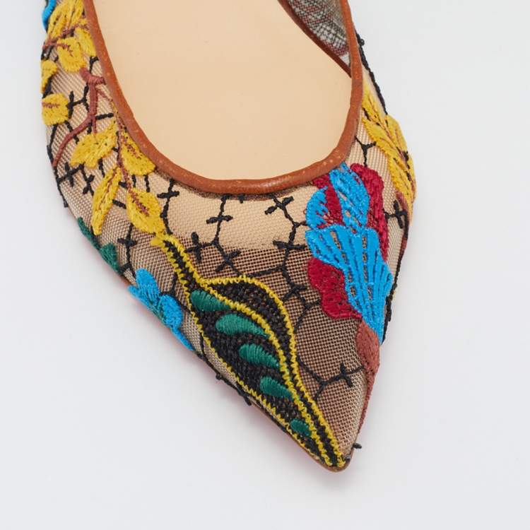 Pre Owned Christian Louboutin Multicolor Embroidered Mesh and Croc Embossed Leather Follies Ballet Flats Size 38