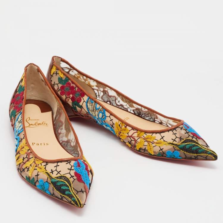 Pre Owned Christian Louboutin Multicolor Embroidered Mesh and Croc Embossed Leather Follies Ballet Flats Size 38