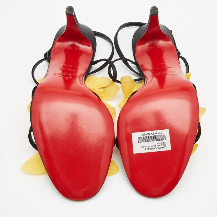 Pre Owned Christian Louboutin Yellow/Black Satin Mount Street T-Strap Sandals Size 40.5
