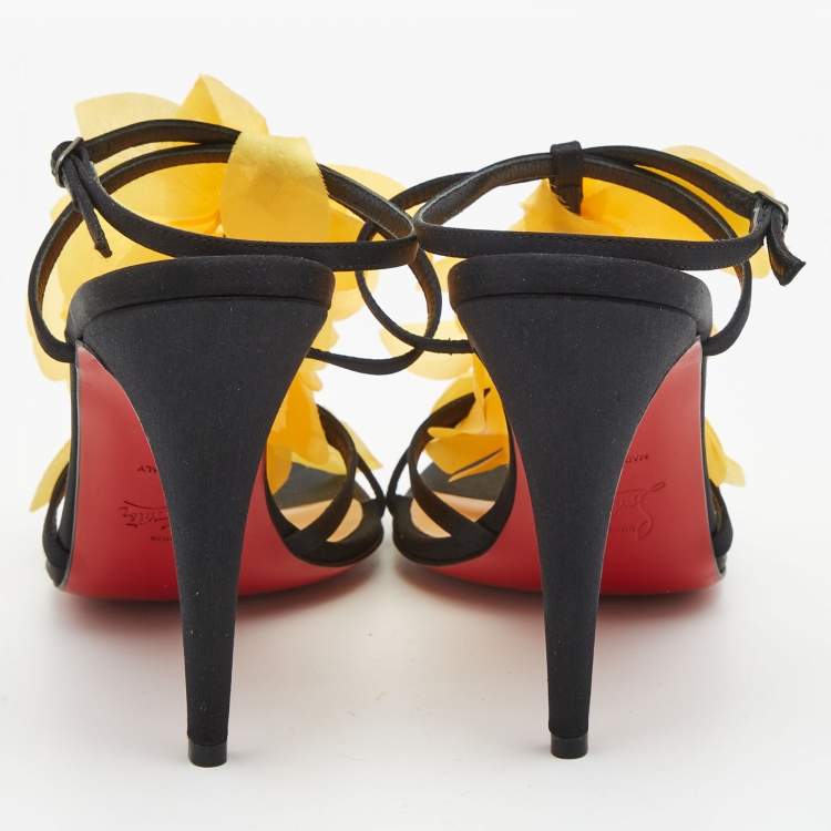Pre Owned Christian Louboutin Yellow/Black Satin Mount Street T-Strap Sandals Size 40.5