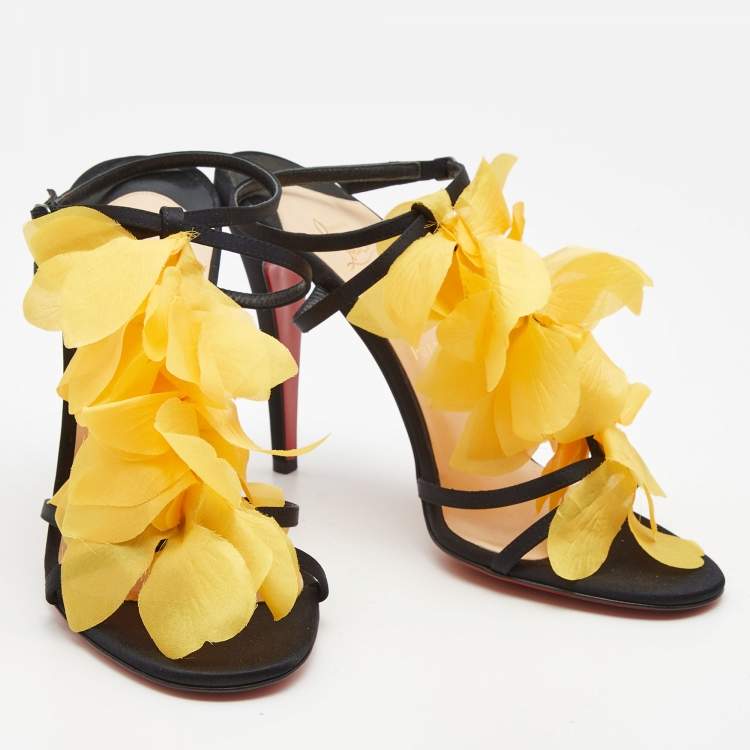 Pre Owned Christian Louboutin Yellow/Black Satin Mount Street T-Strap Sandals Size 40.5