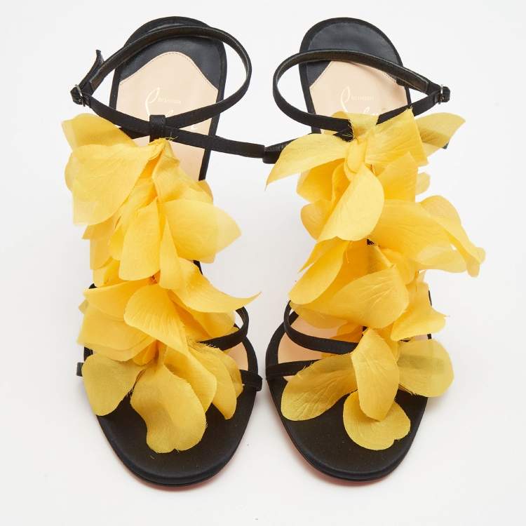 Pre Owned Christian Louboutin Yellow/Black Satin Mount Street T-Strap Sandals Size 40.5