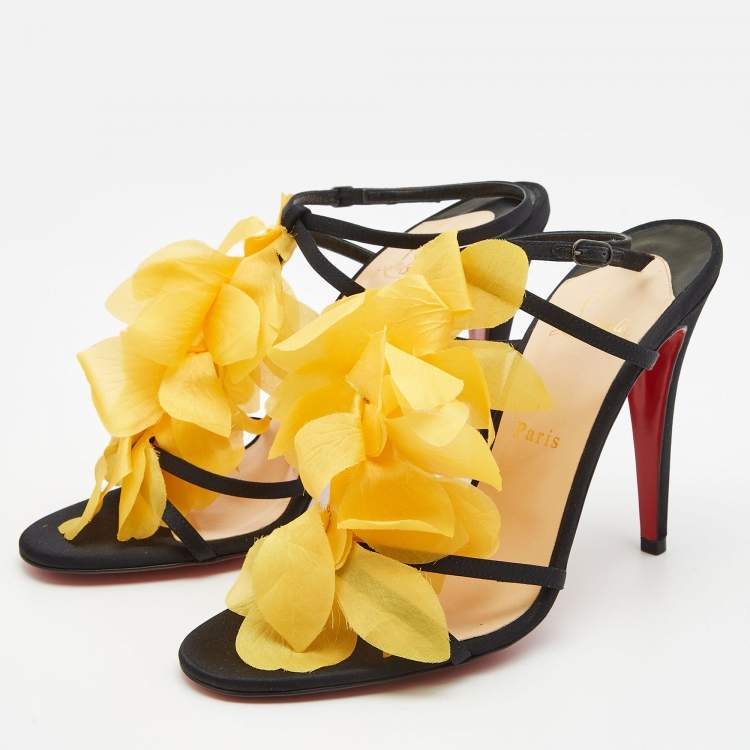 Pre Owned Christian Louboutin Yellow/Black Satin Mount Street T-Strap Sandals Size 40.5