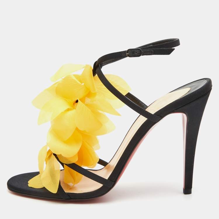 Pre Owned Christian Louboutin Yellow/Black Satin Mount Street T-Strap Sandals Size 40.5