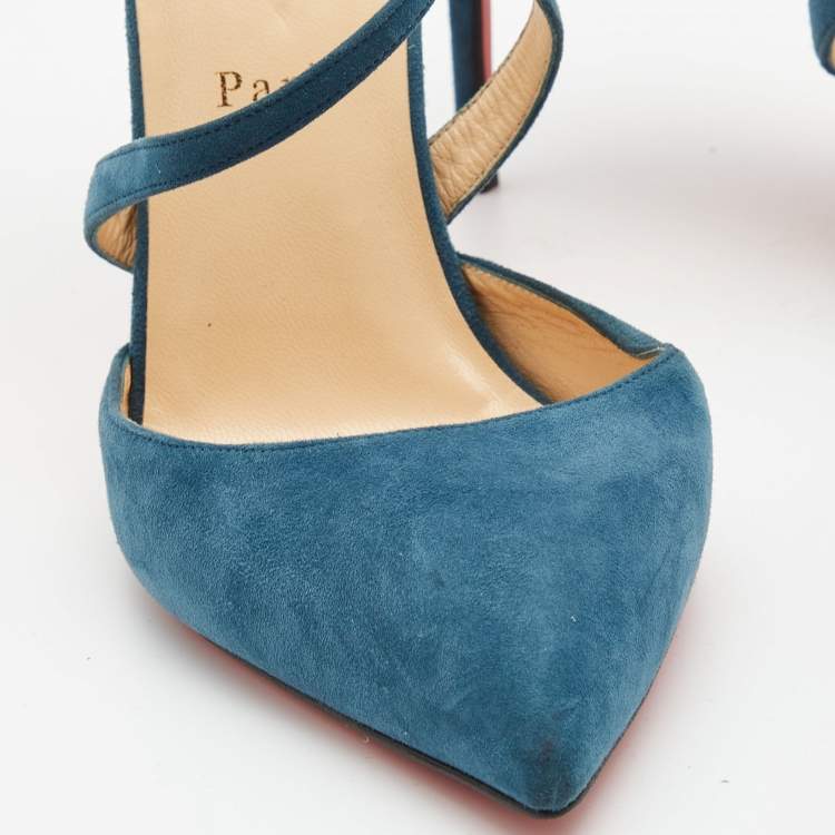 Pre Owned Christian Louboutin Blue Suede Ankle Strap Pumps Size 41 