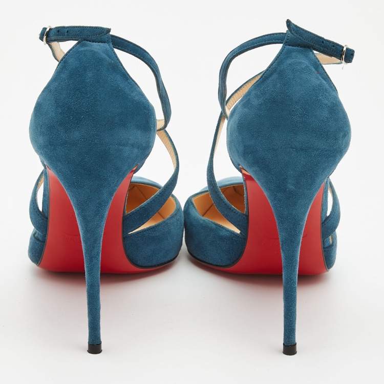 Pre Owned Christian Louboutin Blue Suede Ankle Strap Pumps Size 41 