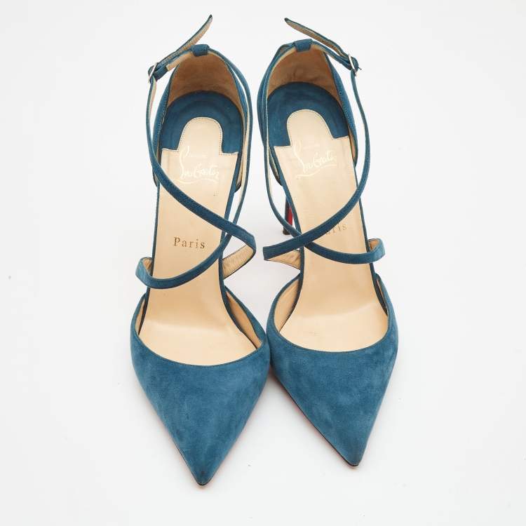 Pre Owned Christian Louboutin Blue Suede Ankle Strap Pumps Size 41 