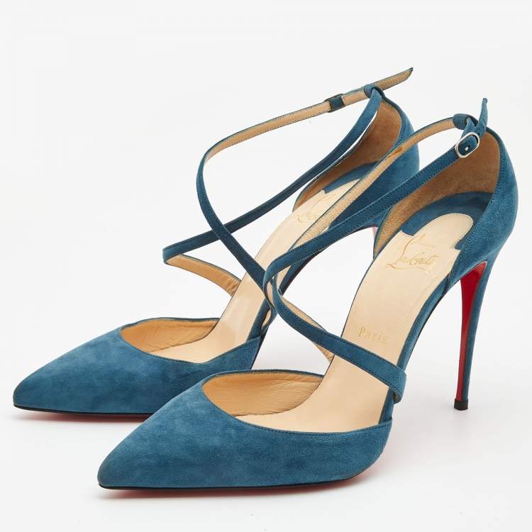 Pre Owned Christian Louboutin Blue Suede Ankle Strap Pumps Size 41 
