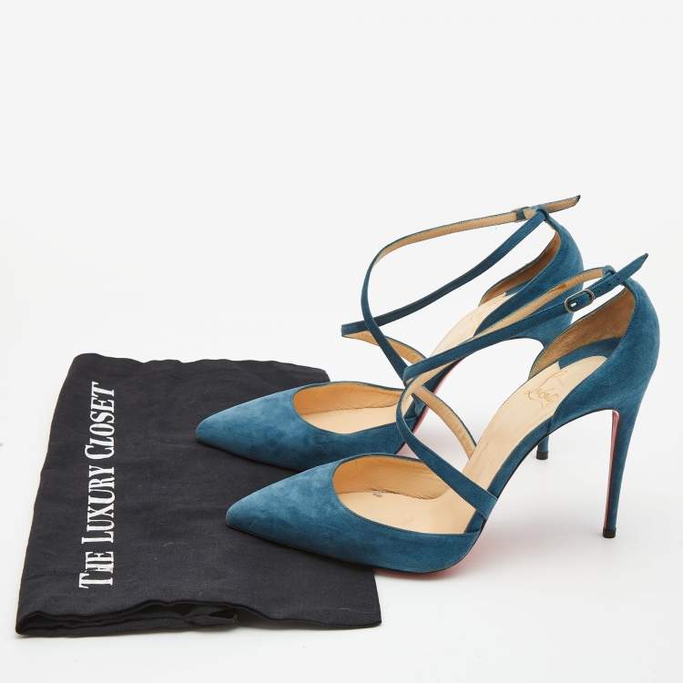 Pre Owned Christian Louboutin Blue Suede Ankle Strap Pumps Size 41 