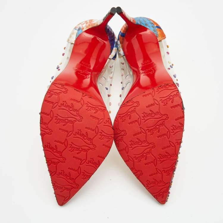 Pre Owned Christian Louboutin Multicolor Printed Lurex Fabric and PVC Degrastrass Pumps Size 39.5