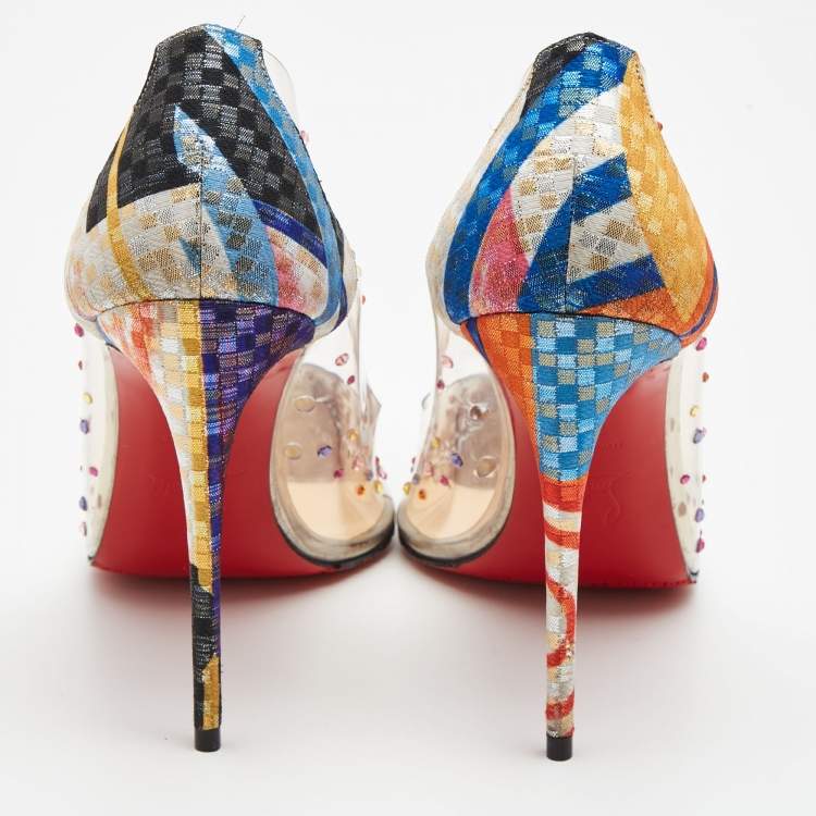 Pre Owned Christian Louboutin Multicolor Printed Lurex Fabric and PVC Degrastrass Pumps Size 39.5