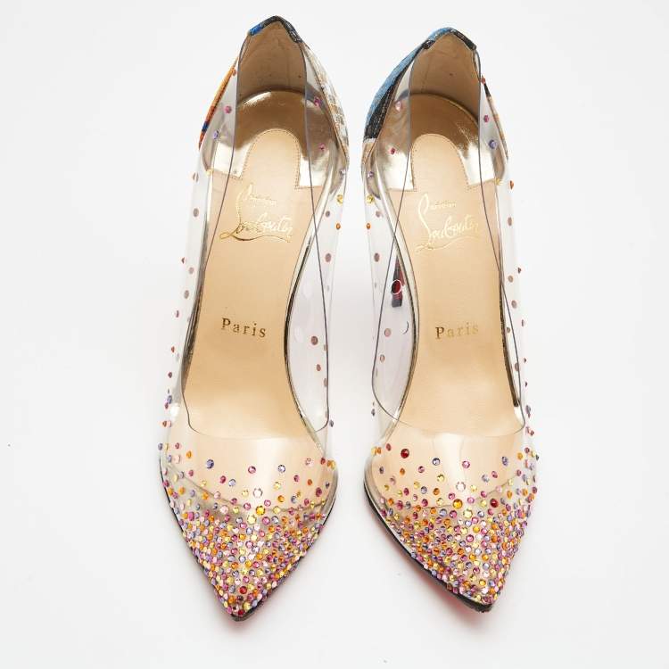 Pre Owned Christian Louboutin Multicolor Printed Lurex Fabric and PVC Degrastrass Pumps Size 39.5