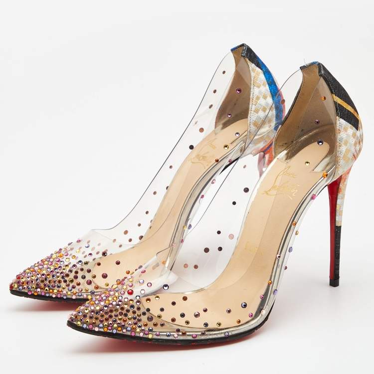 Pre Owned Christian Louboutin Multicolor Printed Lurex Fabric and PVC Degrastrass Pumps Size 39.5