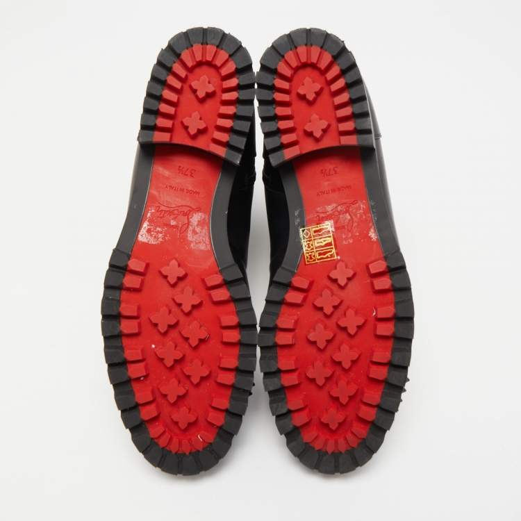Pre Owned Christian Louboutin Black Leather TS Croc Spikes Ankle Length Boots Size 37.5