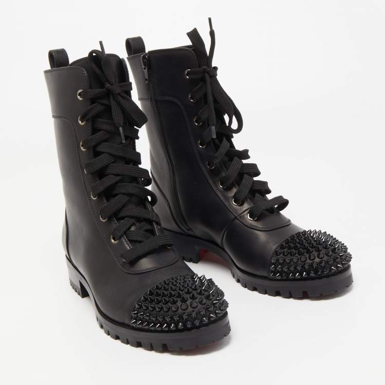 Pre Owned Christian Louboutin Black Leather TS Croc Spikes Ankle Length Boots Size 37.5