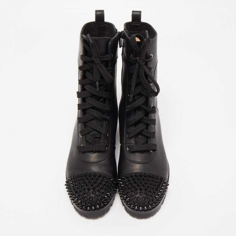 Pre Owned Christian Louboutin Black Leather TS Croc Spikes Ankle Length Boots Size 37.5