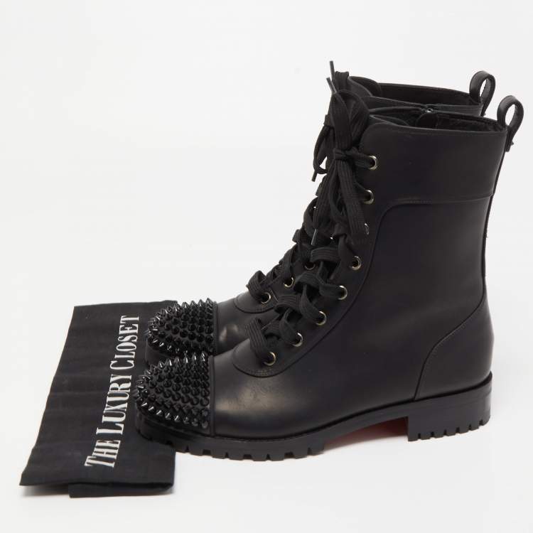 Pre Owned Christian Louboutin Black Leather TS Croc Spikes Ankle Length Boots Size 37.5