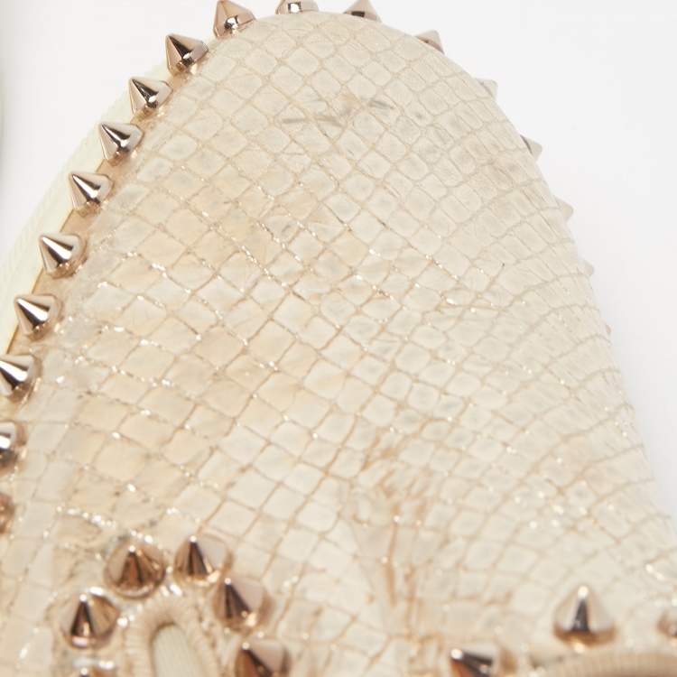 Pre Owned Christian Louboutin Gold Python Embossed Leather Spike Pik Boat Sneakers Size 37.5