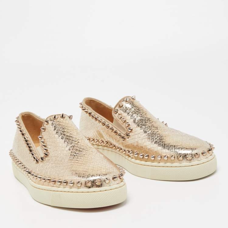 Pre Owned Christian Louboutin Gold Python Embossed Leather Spike Pik Boat Sneakers Size 37.5