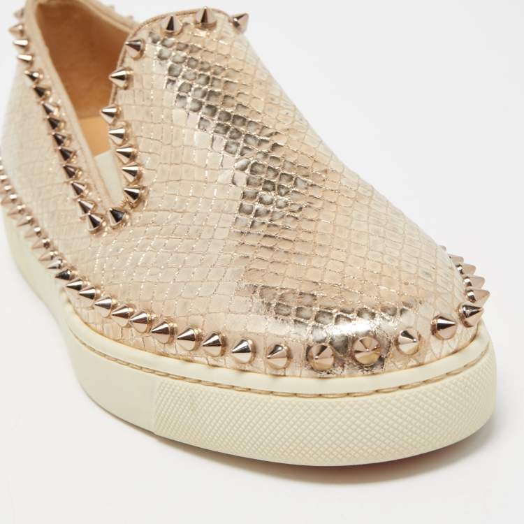 Pre Owned Christian Louboutin Gold Python Embossed Leather Spike Pik Boat Sneakers Size 37.5