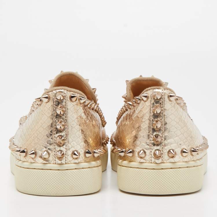 Pre Owned Christian Louboutin Gold Python Embossed Leather Spike Pik Boat Sneakers Size 37.5
