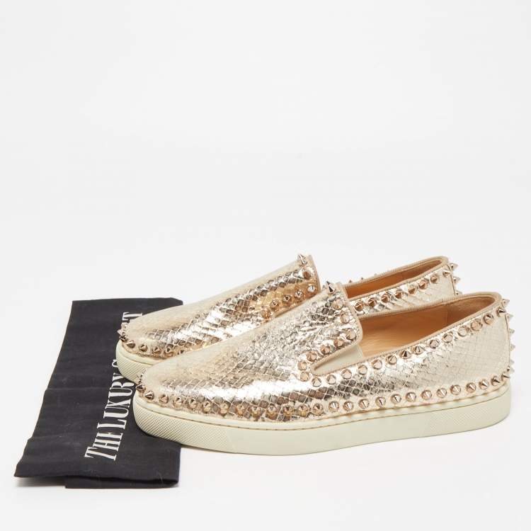 Pre Owned Christian Louboutin Gold Python Embossed Leather Spike Pik Boat Sneakers Size 37.5