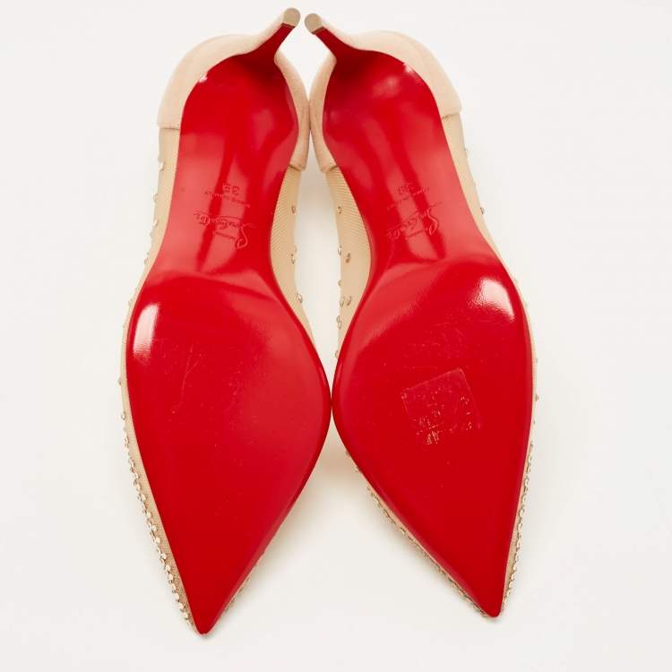 Pre Owned Christian Louboutin Beige Suede Follies Strass Pointed Toe Pumps Size 39